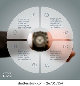 Watch on man's hand with circle line infographic. Business concept with 4 options, parts, steps or processes. Linear graphic. Blur vector background