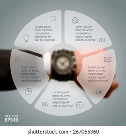 Watch on man's hand with circle line infographic. Business concept with 5 options, parts, steps or processes. Linear graphic. Blur vector background