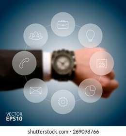 Watch on man's hand with circle line infographic. Business concept with 8 options, parts, steps or processes. Linear graphic. Blur vector background.
