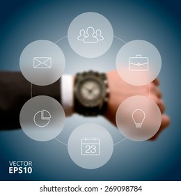Watch on man's hand with circle line infographic. Business concept with 6 options, parts, steps or processes. Linear graphic. Blur vector background.