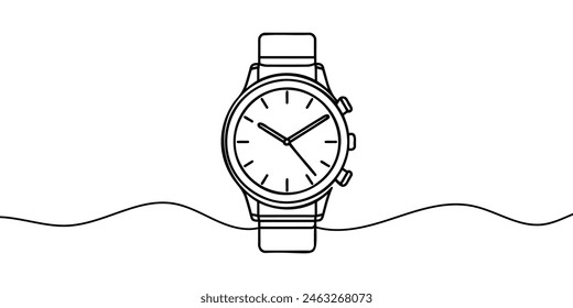 Watch one line continuous. Line art watch isolated on transparent background. Hand drawn