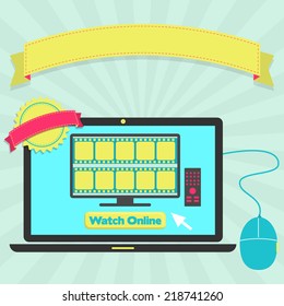 Watch online through laptop. "Watch online" button in a laptop for watch movie streaming. Colorful artwork. Blank ribbon and stamp for insert text.