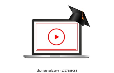 Watch an online webinar or online training conference, laptop with graduation hat, realistic illustration