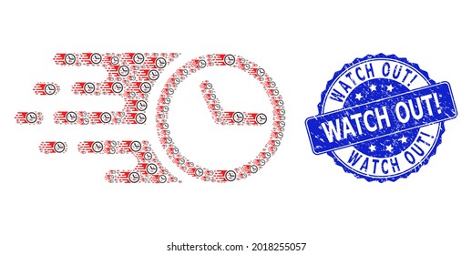 Reloj de exclamación de sello redondo rayado y reloj de composición recursiva vectorial. El sello azul tiene el texto de la exclamación Watch Out dentro de la forma redonda. El collage vectorial se construye a partir de un reloj recursivo
