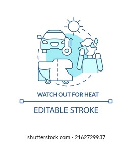 Watch out for heat turquoise concept icon. Use sunshade for car. Road trip advice abstract idea thin line illustration. Isolated outline drawing. Editable stroke. Arial, Myriad Pro-Bold fonts used