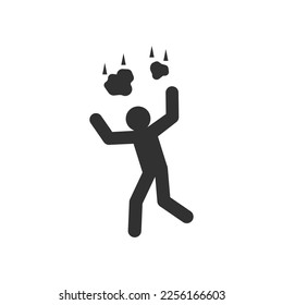 Watch out for rock falls icon. rock falling on the person head. Monochrome black and white symbol