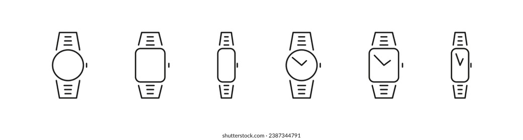 Juego de iconos de esquema de Watch. Iconos del reloj de mano. Botones de aplicación de administración de tiempo definidos.