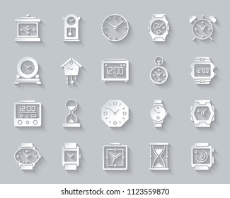 Watch paper cut art icons set. 3D web sign kit of alarm clock. Clock pictogram collection includes sand glass, timer, cuckoo clock. Simple watch vector paper carved icon shape. Material design symbol