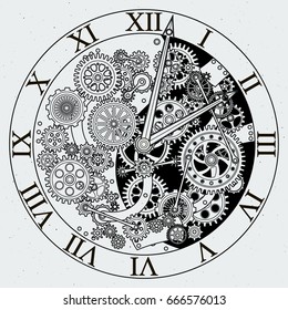 Watch parts. Clock mechanism with cogwheels. Vector illustrations