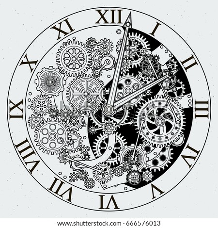 Watch parts. Clock mechanism with cogwheels. Vector illustrations