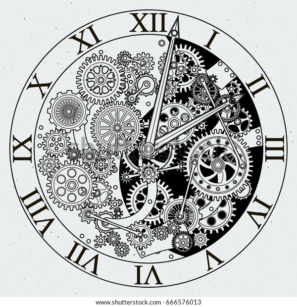Watch parts. Clock mechanism with\
cogwheels. Vector\
illustrations