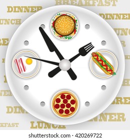watch as a plate with scrambled eggs, a Burger, hot dog and pizza