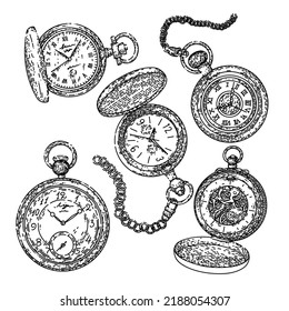 watch pocket old set hand drawn vector. vintage clock, antique time, retro chain, gold classic timer watch pocket old sketch. isolated black illustration