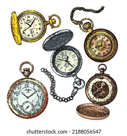 watch pocket old set hand drawn vector. vintage clock, antique time, retro chain, gold classic timer watch pocket old sketch. isolated color illustration