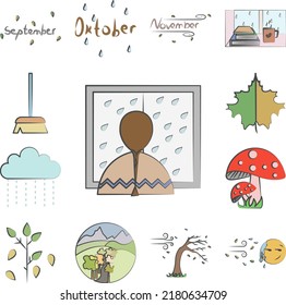 Watch rain colored hand drawn icon in a collection with other items
