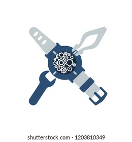 Watch repair icon. Watchmaker's logo. Vector illustration flat design. Isolated on white background. Disassembled watches with a spanner and tweezers. Watchmaker craft profession.