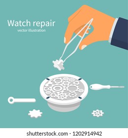 Watch repair. Installing part in a broken clockwork. Vector illustration flat design. Isolated on white background. Tweezers with gear in the hands of the master. Watchmaker craft profession.
