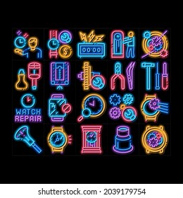Watch Repair Service neon light sign vector. Glowing bright icon  Watch Change Display Glass And Mechanical Gear, Instrument And Magnifier Illustrations