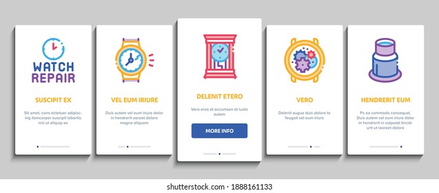 Watch Repair Service Onboarding Mobile App Page Screen Vector. Watch Change Display Glass And Mechanical Gear, Instrument And Magnifier Color Illustrations