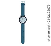 Watch with a round analog face and blue strap. Simple design. For fashion themes, accessories.
