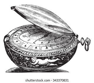 Watch round of the late seventeenth century, the movement is a sign Senebier, vintage engraved illustration. Industrial encyclopedia E.-O. Lami - 1875.