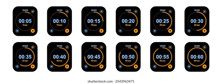 Conjunto de iconos de pantalla de reloj, símbolo de temporizador. Cuenta atrás de 0 a 60 segundos. Conjunto de iconos vectoriales de temporizador sobre fondo transparente.