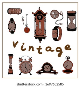 Juego de relojes, conjunto de iconos dibujados a mano del reloj. Reloj de alarma, colección de relojes antiguos. Ilustración extraída a mano vectorial, aislada en fondo blanco. Diseño simple de doodle de contorno.