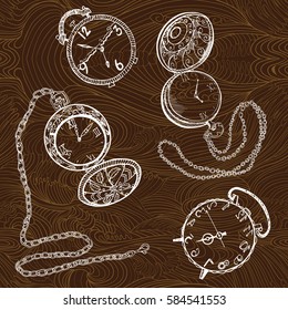 Watch set. Hand drawn vintage alarm clock and pocket watch. Sketch style.Time outline. Isolated vector illustration. Retro style.