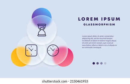 Watch set icon. Hourglass, round and square wall clock. Time management concept. Glassmorphism style. Vector line icon for Business and Advertising.