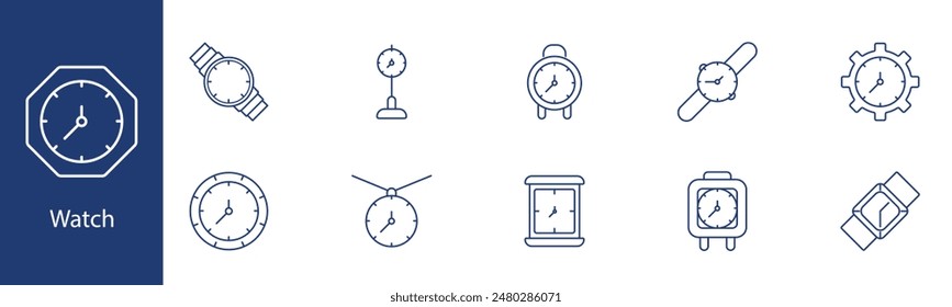 Watch set icon. Wristwatch, wall clock, stopwatch, gear clock, timepiece. Timekeeping, punctuality, chronometry, time management concept.