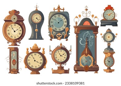 Watch set. A whimsical set of cartoon-inspired flat design watches showcasing playful and colorful ancient designs. Vector illustration.