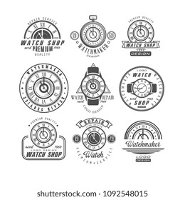 Watch shop and repair service logo set, retro badges with clocks in monochrome style vector Illustrations on a white background