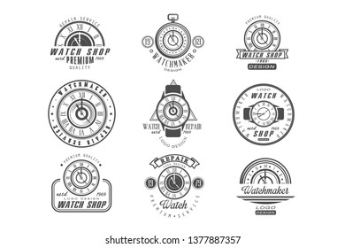 Watch shop and repair service logo set, retro badges with clocks in monochrome style vector Illustrations on a white background
