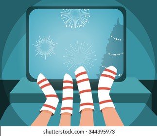 Watch the show on the monitor. Women's and men's feet in socks. Vector isolated illustration. Holidays