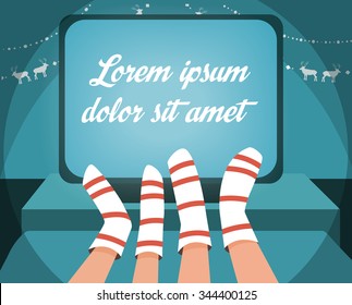 Watch the show on the monitor. Women's and men's feet in socks. Vector isolated illustration. Holidays