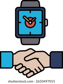 A watch is shown with the hands on the numbers 3 and 9. The watch is surrounded by two hands that are shaking hands. Concept of time and the importance of making the most of it