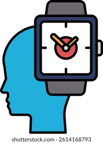 A watch is shown on a blue head with the hands on the numbers 3 and 9. The watch is set to the time of 3:09