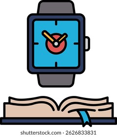 Um relógio é mostrado em um livro com o tempo de 10:30. O relógio é azul e preto e é colocado em cima do livro