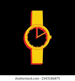 Watch sign. 3D Extruded Yellow Icon with Red Sides a Black background. Illustration.