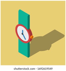watch sign 3D vector, red watch and green strap, fashion 3D vectors.