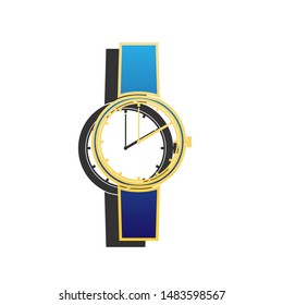 Watch sign. Blue icon with gold contour with dark gray shadow at white background. Illustration.