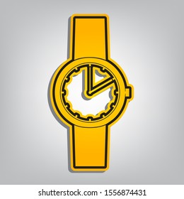 Watch sign. Flat orange icon with overlapping linear black icon with gray shadow at whitish background. Illustration.
