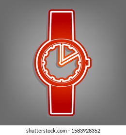 Watch sign. Flat red icon with linear white icon with gray shadow at grayish background. Illustration.