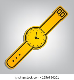 Watch sign illustration. Flat orange icon with overlapping linear black icon with gray shadow at whitish background. Illustration.
