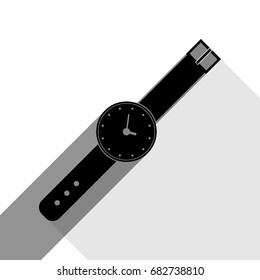 Watch sign illustration. Vector. Black icon with two flat gray shadows on white background.