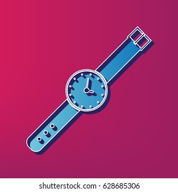 Watch sign illustration. Vector. Blue 3d printed icon on magenta background.