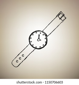 Watch sign illustration. Vector. Brush drawed black icon at light brown background.