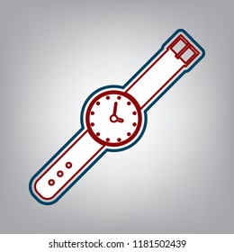 Watch sign illustration. Vector. Dark red, transparent and midnight green stroke of white icon at grayish background.