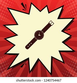 Watch sign illustration. Vector. Dark red icon in lemon chiffon shutter bubble at red popart background with rays.