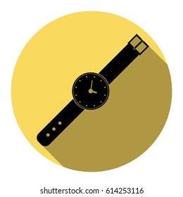 Watch sign illustration. Vector. Flat black icon with flat shadow on royal yellow circle with white background. Isolated.